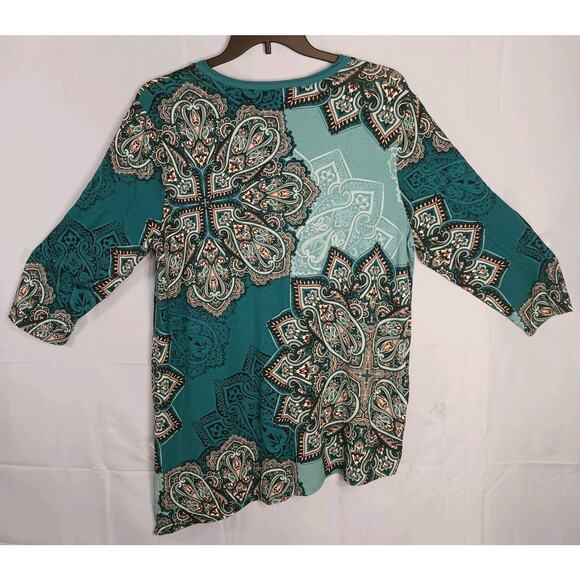 Chicos Tunic Size 3 (22/24) Green Paisley 3/4 Sleeve Baroque Asymmetric Hem EUC - Picture 5 of 10